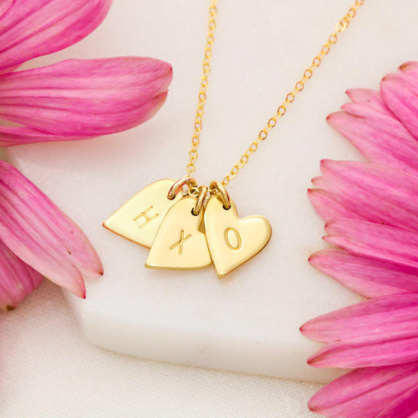 Double Heart Initial Necklace in 10k or 14k Gold - Michelle Chang