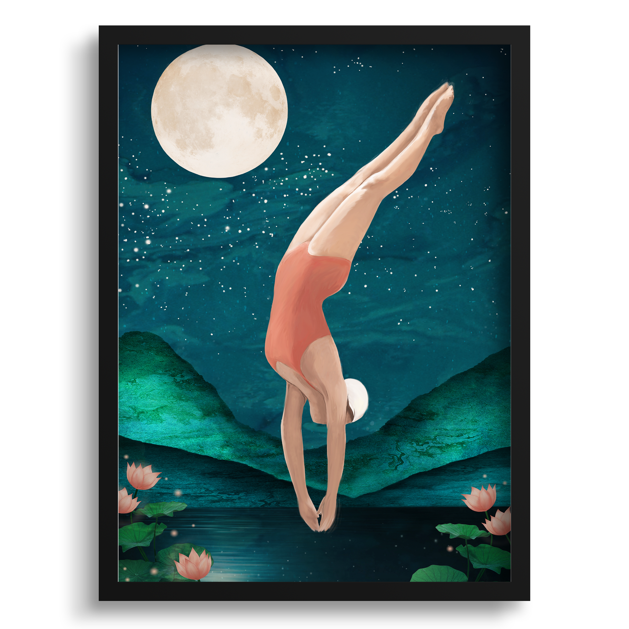 Lady Diving with moon and water